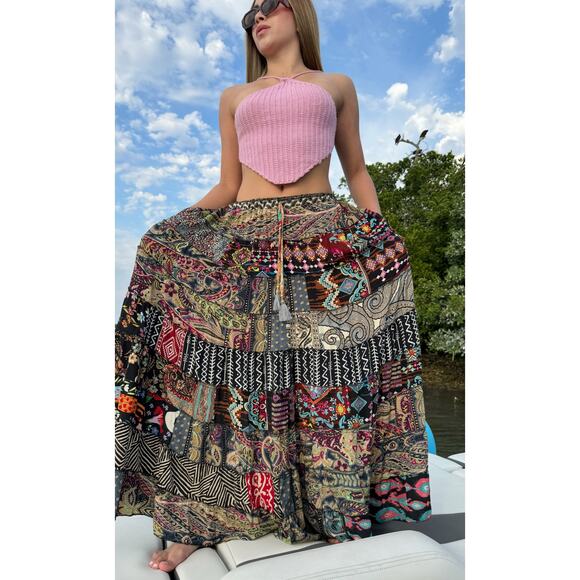 Gogal Dresses & Skirts - Mixed-Patchwork maxi skirt with pockets- One Size